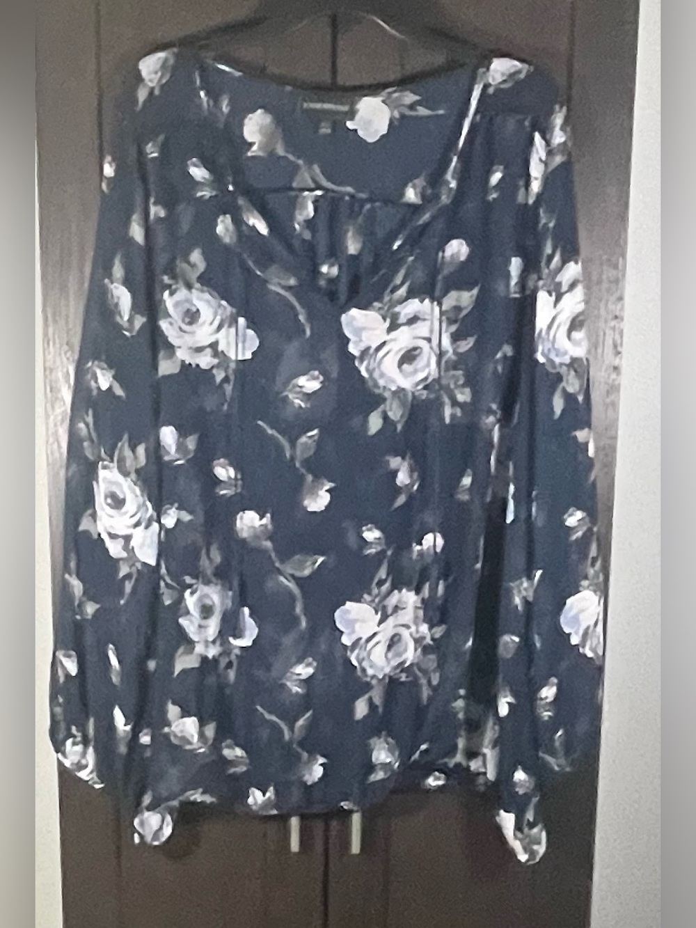 Lane Bryant Navy Floral Blouse with White and Gray Roses Cottage-core size 26